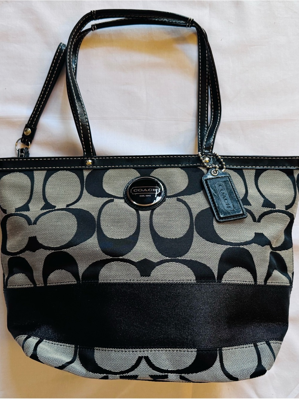 Coach Black and Cream Signature Canvas Tote with Leather Trim